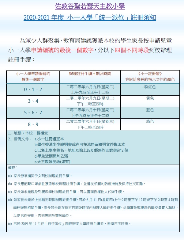 2020-2021年度小一入學「統一派位」註冊須知及取錄名單