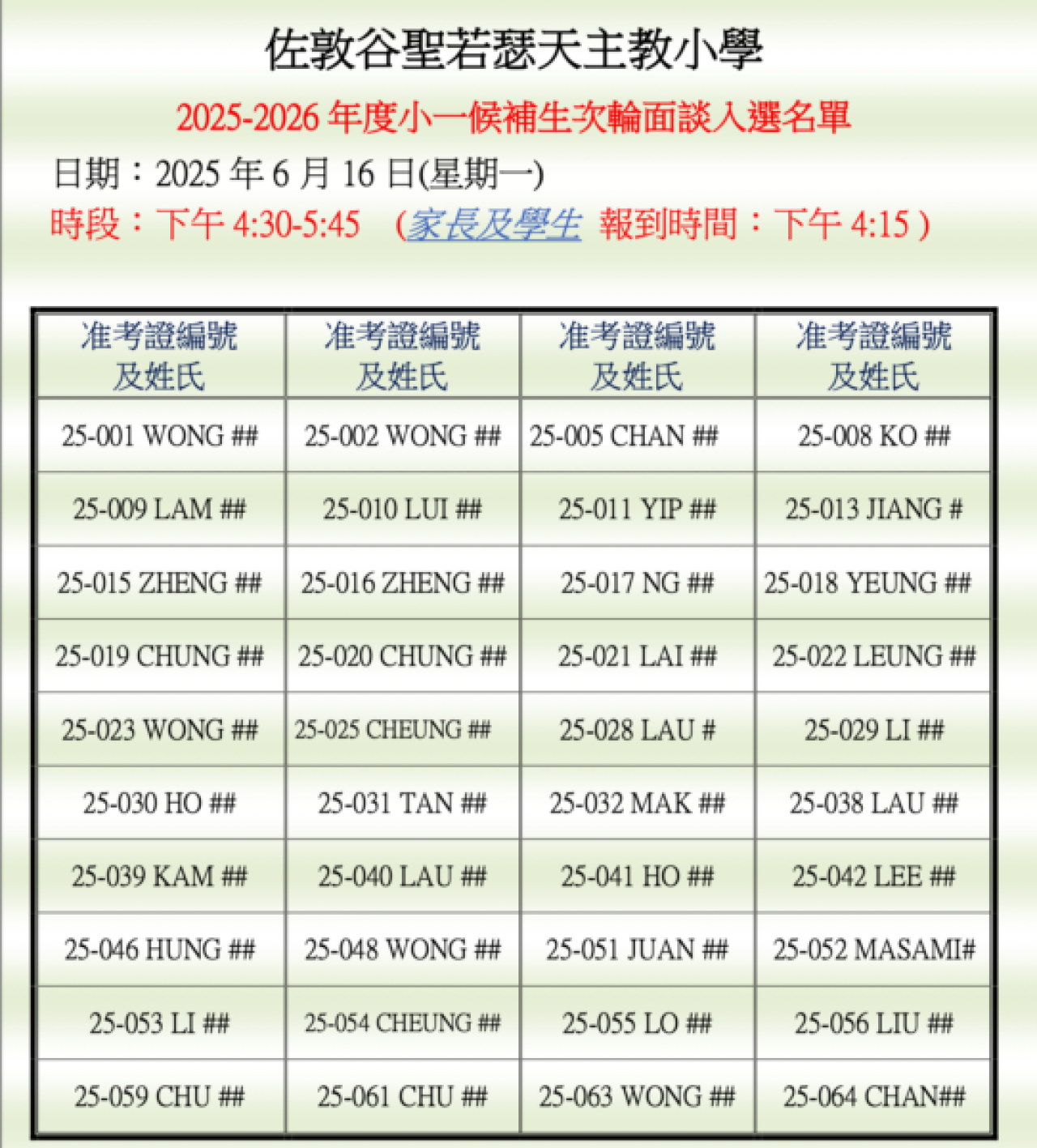 2025-2026 年度小一候補生次輪面談入選名單